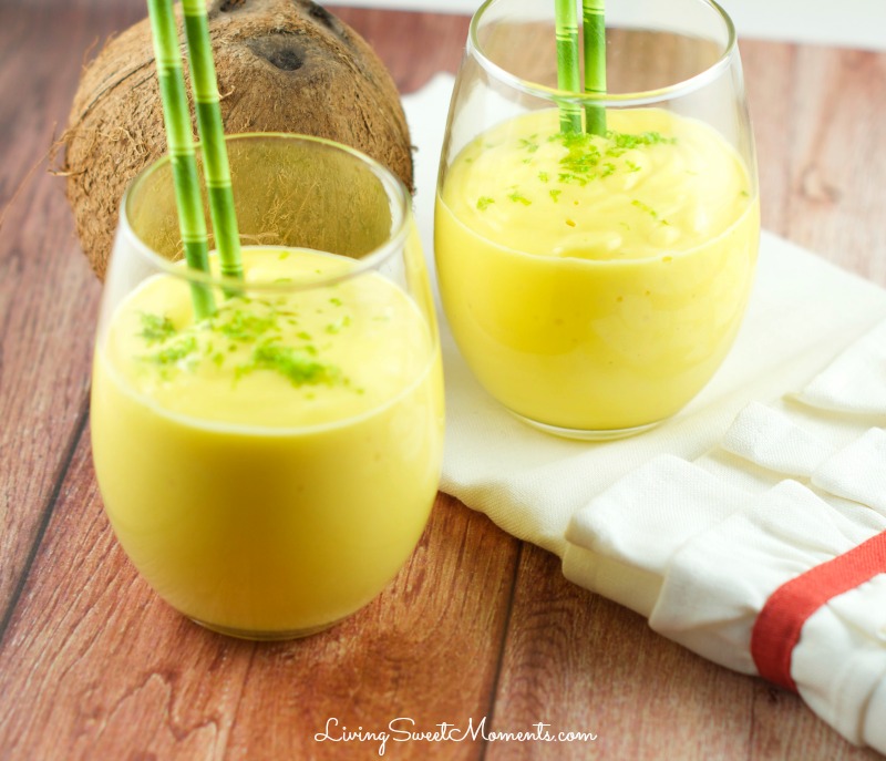 Mango Coconut Smoothie - Delicious 3 ingredient smoothie. Enjoy tropical flavors in a decadent thick smoothie that takes just seconds to make. Perfect breakfast or afternoon snack.