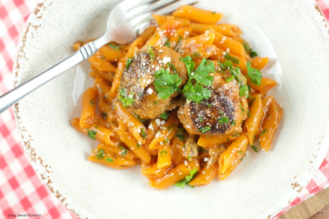 One Pan Pasta And Meatballs: the perfect one pot meal dinner idea! Tender homemade meatballs are cooked inside a tomato basil sauce served with penne pasta.