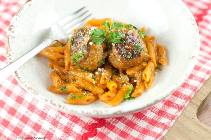 One Pan Pasta And Meatballs: the perfect one pot meal dinner idea! Tender homemade meatballs are cooked inside a tomato basil sauce served with penne pasta.