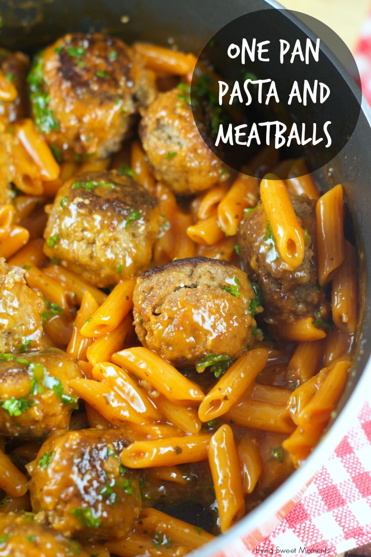 One Pan Pasta And Meatballs: the perfect one pot meal dinner idea! Tender homemade meatballs are cooked inside a tomato basil sauce served with penne pasta.