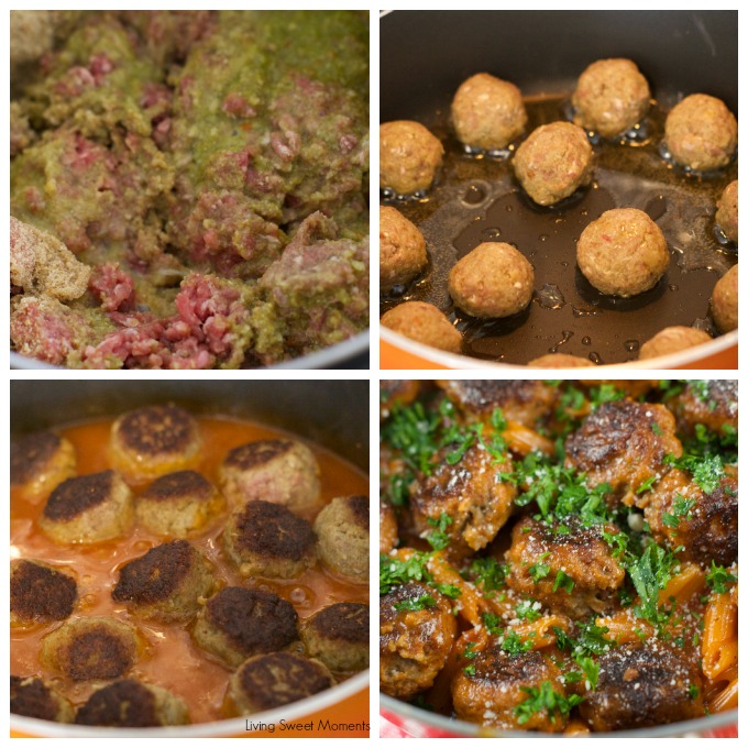 One Pan Pasta And Meatballs: the perfect one pot meal dinner idea! Tender homemade meatballs are cooked inside a tomato basil sauce served with penne pasta.