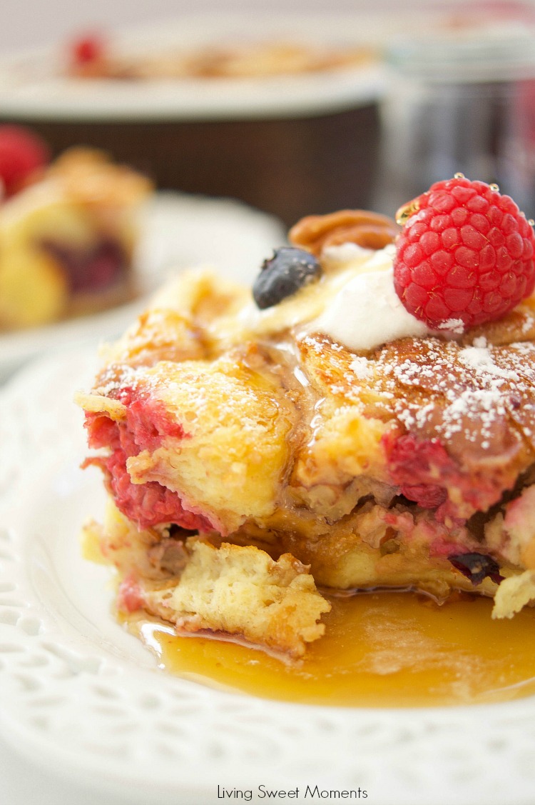 This delicious Overnight French Toast Casserole recipe is stuffed with maple peanut butter and berries. Perfect for brunch, breakfast, or even dessert. Yum!