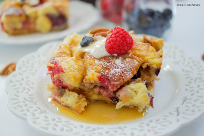 This delicious Overnight French Toast Casserole recipe is stuffed with maple peanut butter and berries. Perfect for brunch, breakfast, or even dessert. Yum!