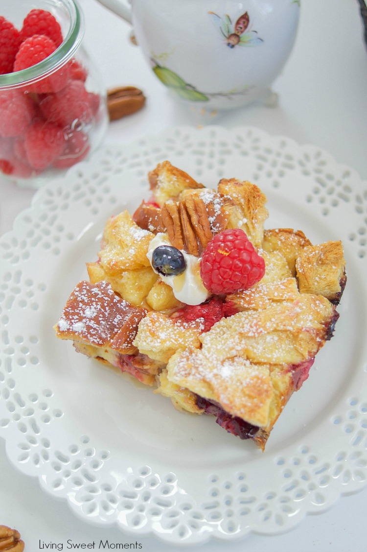 This delicious Overnight French Toast Casserole recipe is stuffed with maple peanut butter and berries. Perfect for brunch, breakfast, or even dessert. Yum!