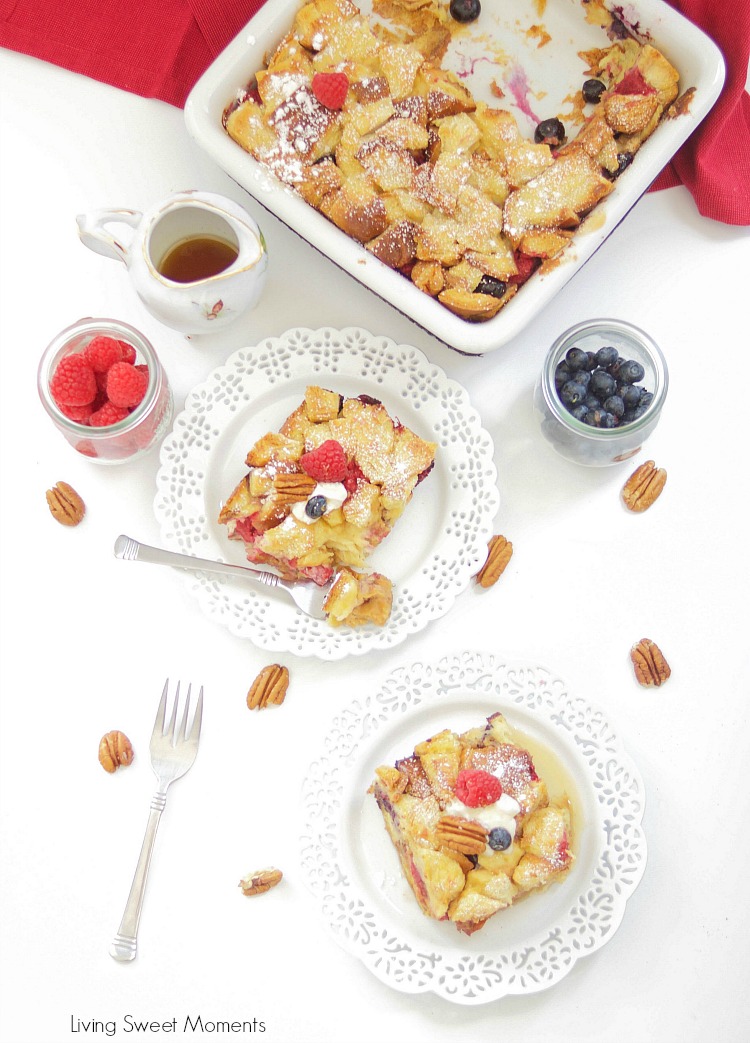 This delicious Overnight French Toast Casserole recipe is stuffed with maple peanut butter and berries. Perfect for brunch, breakfast, or even dessert. Yum!