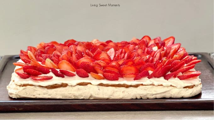 This delicious Pavlova With Dulce de Leche is made with walnut meringue, dulce de leche, whipped cream, and strawberries. Just like the famous Miami Dessert!