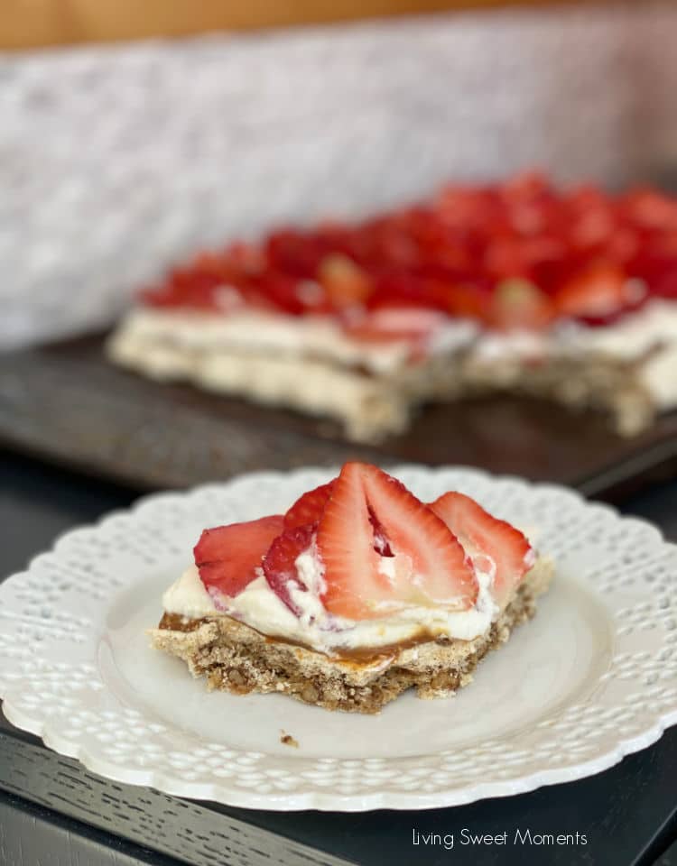 This delicious Pavlova With Dulce de Leche is made with walnut meringue, dulce de leche, whipped cream, and strawberries. Just like the famous Miami Dessert!