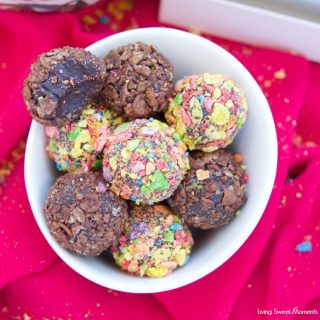 Delicious Fudgy Brigadeiros are made with Pebbles cereal to add flavor and color to these no bake Brazilian fudge balls. The perfect bite size dessert.