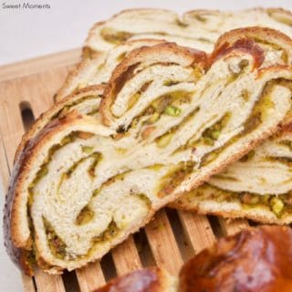 This six-strand Pistachio Challah is filled with an incredible white chocolate pistachio cream that is perfect for breakfast, before Shabbat and even dessert!