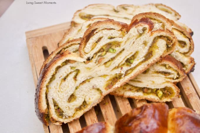 This six-strand Pistachio Challah is filled with an incredible white chocolate pistachio cream that is perfect for breakfast, before Shabbat and even dessert!