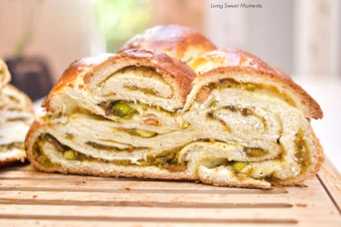 This six-strand Pistachio Challah is filled with an incredible white chocolate pistachio cream that is perfect for breakfast, before Shabbat and even dessert!