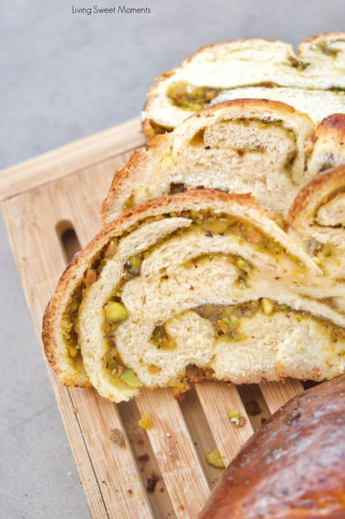 This six-strand Pistachio Challah is filled with an incredible white chocolate pistachio cream that is perfect for breakfast, before Shabbat and even dessert!