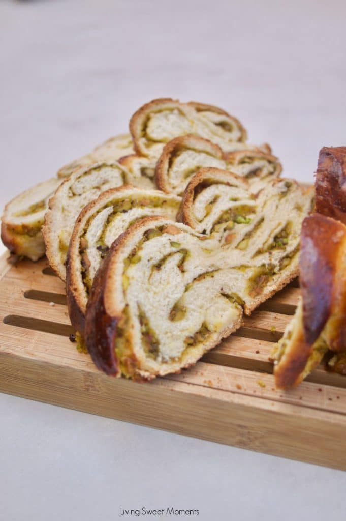 This six-strand Pistachio Challah is filled with an incredible white chocolate pistachio cream that is perfect for breakfast, before Shabbat and even dessert!