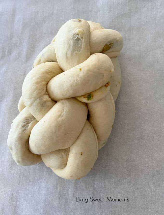 This six-strand Pistachio Challah is filled with an incredible white chocolate pistachio cream that is perfect for breakfast, before Shabbat and even dessert!