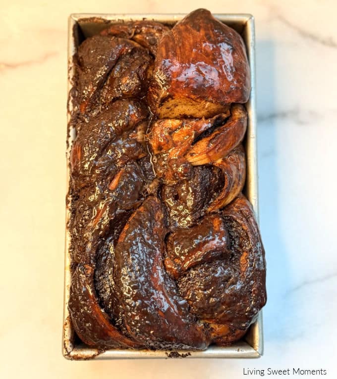 Baked sourdough chocolate babka sliced