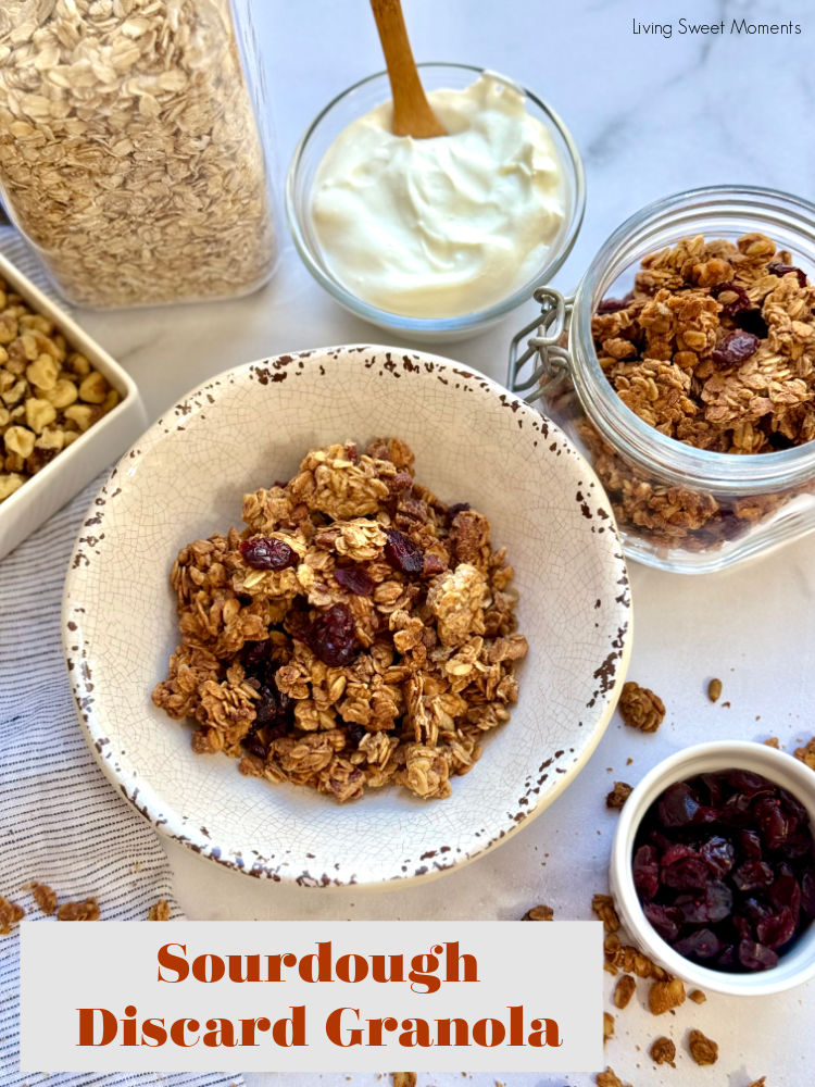 Crunchy, golden sourdough discard granola filled with nutty clusters, a cozy, zero-waste recipe to use your starter and brighten breakfast!