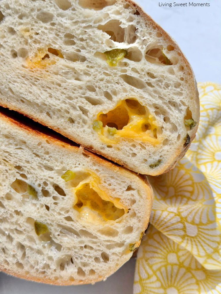 This Sourdough Jalapeño Cheddar Bread is crusty, cheesy, spicy, and perfect for sandwiches, toast, soups, and snacking.