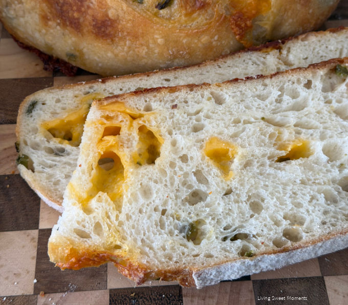 This Sourdough Jalapeño Cheddar Bread is crusty, cheesy, spicy, and perfect for sandwiches, toast, soups, and snacking.
