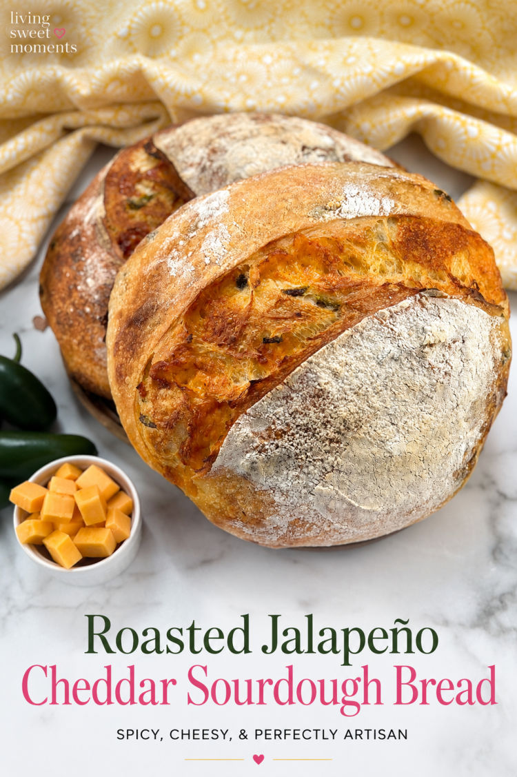 This Sourdough Jalapeño Cheddar Bread is crusty, cheesy, spicy, and perfect for sandwiches, toast, soups, and snacking.