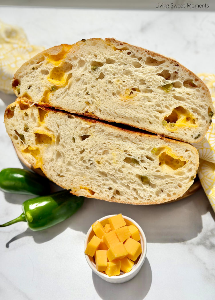 This Sourdough Jalapeño Cheddar Bread is crusty, cheesy, spicy, and perfect for sandwiches, toast, soups, and snacking.