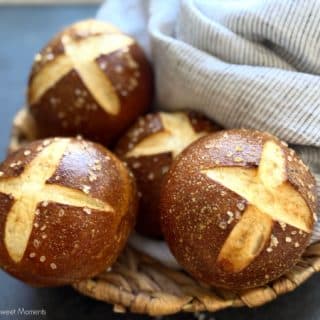 Bake soft and chewy Sourdough Pretzel Buns with a shiny crust! Perfect for burgers, beef sandwiches, or a snack with mustard. Easy recipe!