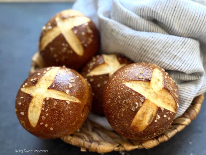 Bake soft and chewy Sourdough Pretzel Buns with a shiny crust! Perfect for burgers, beef sandwiches, or a snack with mustard. Easy recipe!