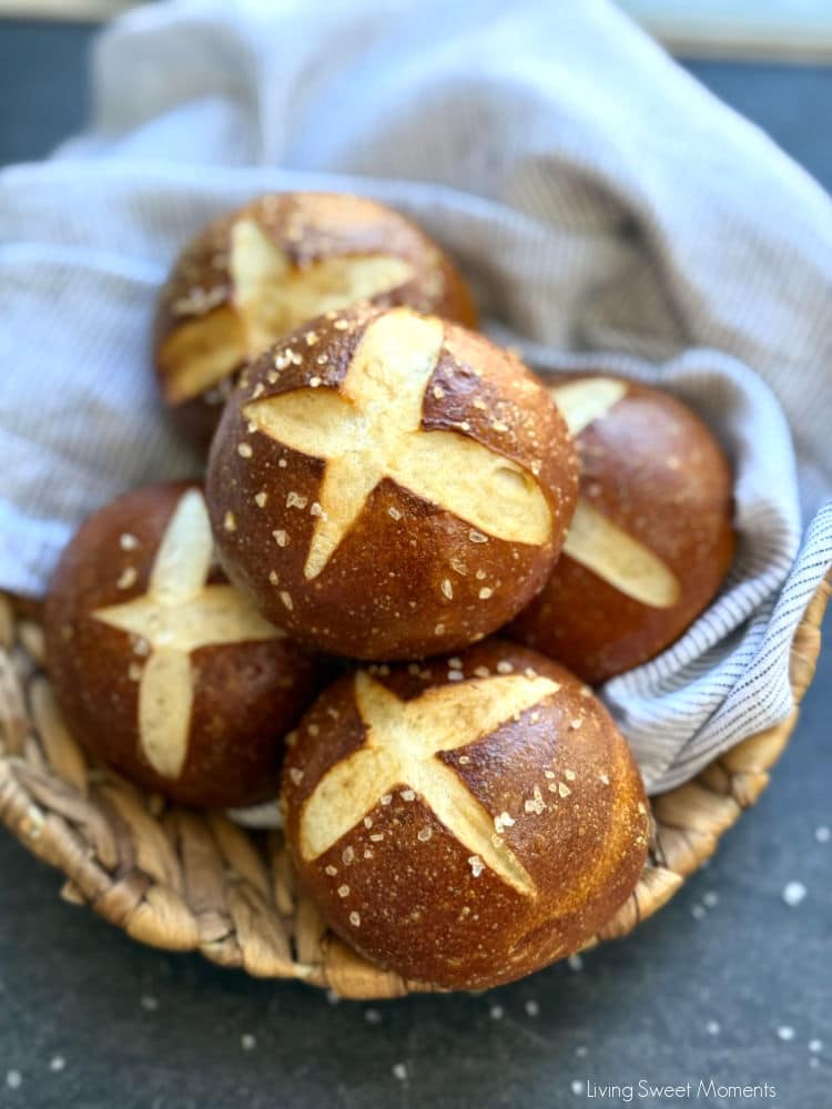 Bake soft and chewy Sourdough Pretzel Buns with a shiny crust! Perfect for burgers, beef sandwiches, or a snack with mustard. Easy recipe!