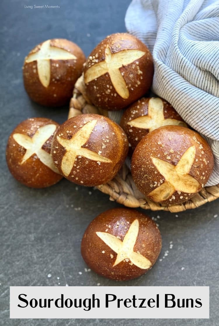 Bake soft and chewy Sourdough Pretzel Buns with a shiny crust! Perfect for burgers, beef sandwiches, or a snack with mustard. Easy recipe!