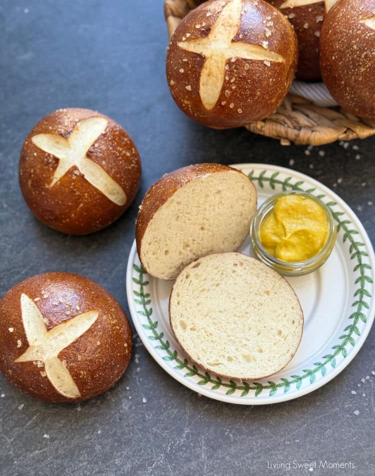 Bake soft and chewy Sourdough Pretzel Buns with a shiny crust! Perfect for burgers, beef sandwiches, or a snack with mustard. Easy recipe!