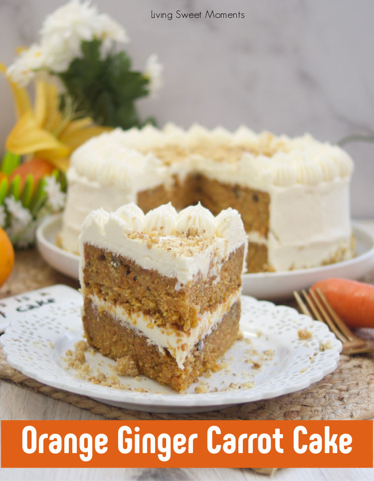 This stunning spiced Orange Ginger Carrot Cake is moist, tender, and delicious. Covered with cream cheese frosting. Have a slice!
