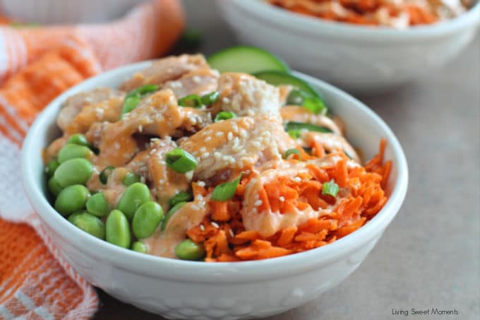 For an easy and quick dinner, these delicious teriyaki salmon bowls are topped with spicy mayo and served with warm rice and veggies