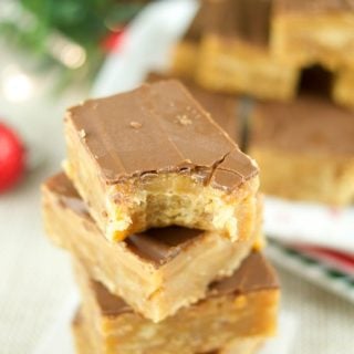 These chewy toffee bars have a buttery toffee crust, a soft caramel center and topped with chocolate. The perfect dessert for Holiday parties & celebrations